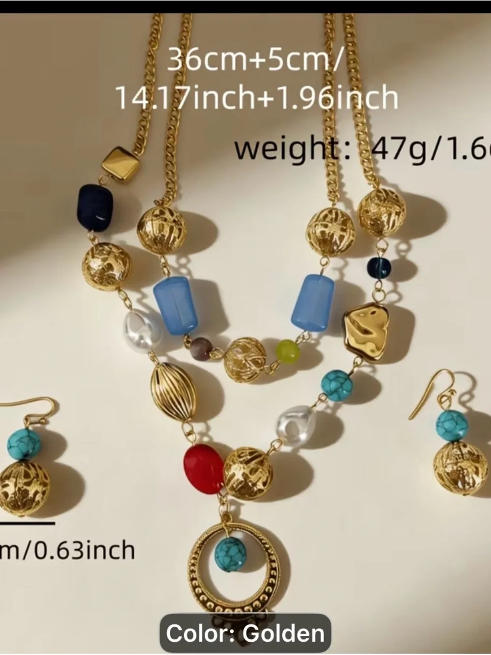 3pcs vintage Bohemian Multi-Color Beaded double layer Necklace Earring Set
